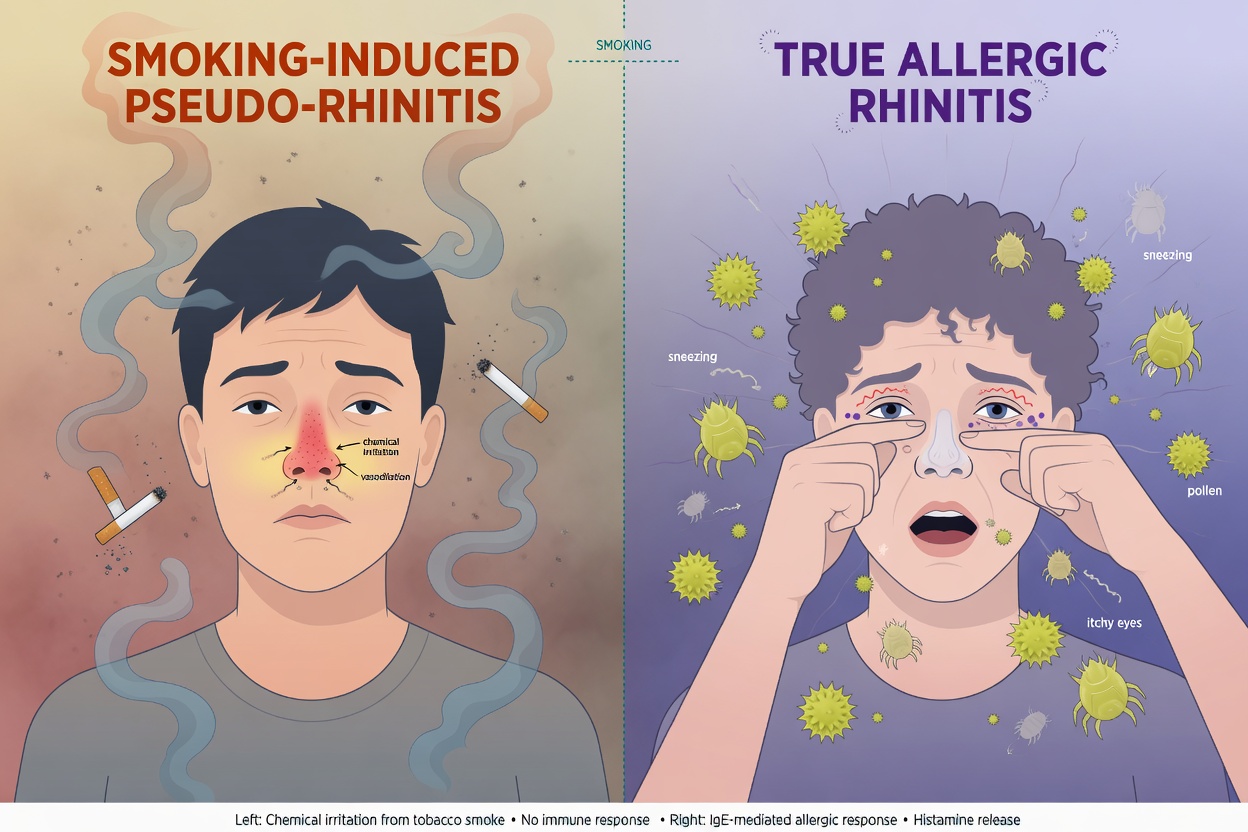 Nasal endoscopy comparison: Left — nasal mucosal congestion and edema due to smoke irritation; Right — typical pale and swollen mucosa in allergic rhinitis